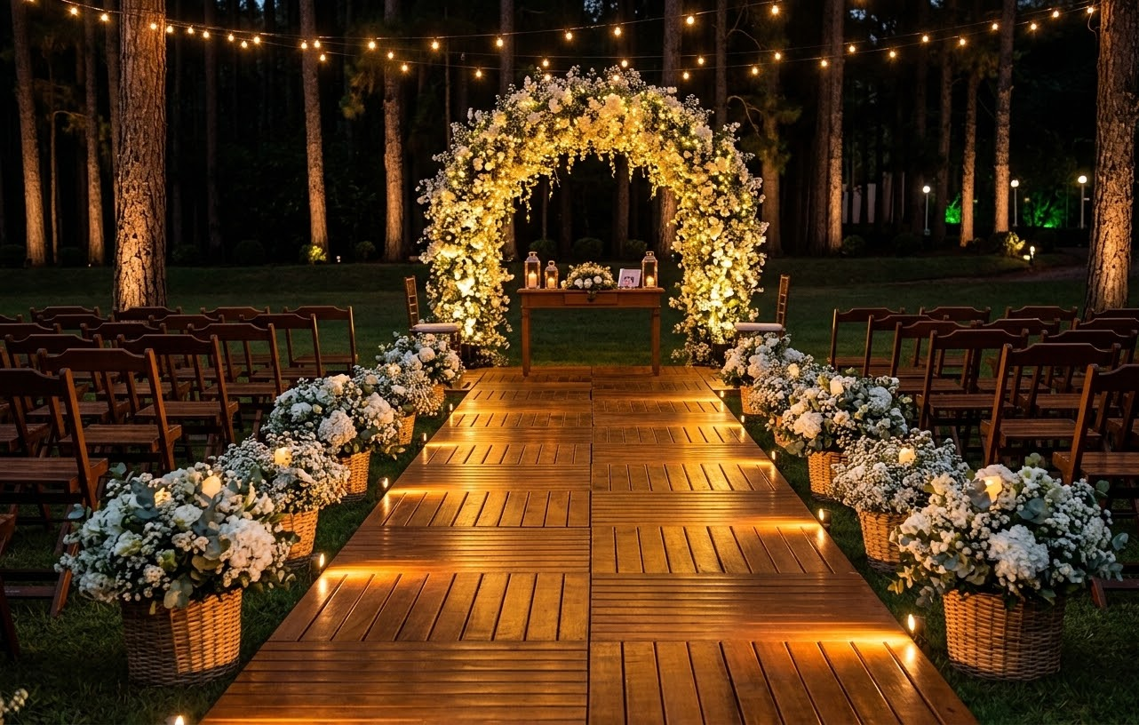 Cerimônia ao ar livre decorada com flores e luzes